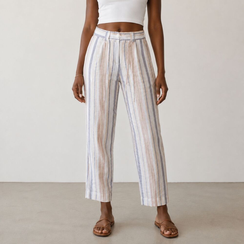 Express Ankle High Rise Pants Womens 6 Striped Linen Blend Tie Waist Belt Beachy